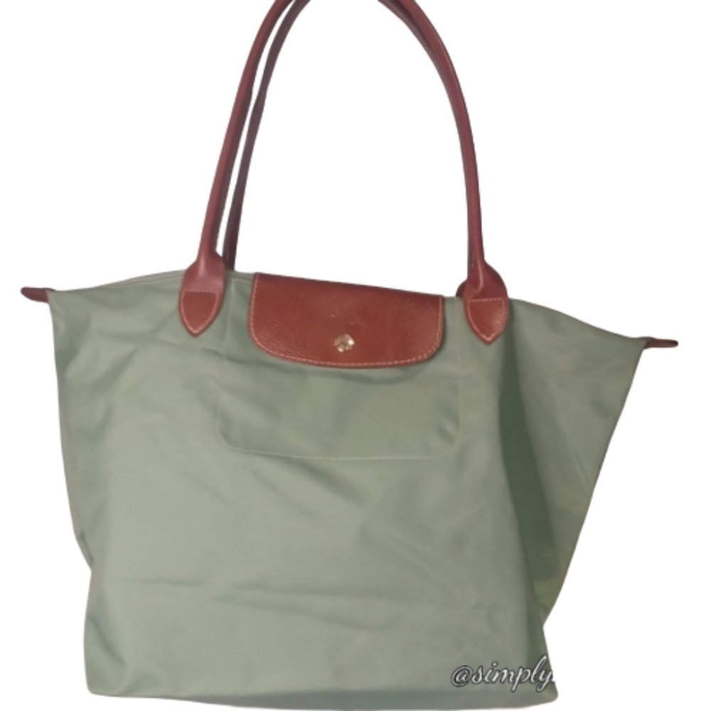 Longchamp Sage Green Tote with Chestnut Accents